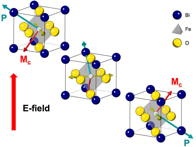 Wismut-Eisen-Oxid-Einkristall: Die Wismut-Atome (blau) bilden ein kubisches Gitter mit Sauerstoffatomen (gelb) an jeder Seite des Würfels und einem Eisenatom (grau) nahe des Zentrums. Eisen und Sauerstoff bilden einen elektrischen Dipol (P), der mit den Magnetspins der Atome (M) gekoppelt ist. Das Drehen des Dipols mit einem elektrischen Feld (E) dreht auch das magnetische Moment um. Die kollektiven magnetischen Spins der Atome im Material kodieren die Binärbits 0 und 1 und ermöglichen das Speichern von Informationen und logische Operationen. (Berkley Lab)