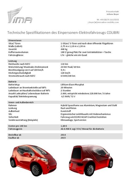 Der Elektro-Einsitzer Colibri: die technischen Spezifikationen (Bild: IMA)