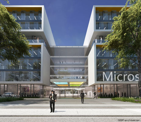 So wird der neue Eingangsbereich von Microsoft Deutschland aussehen - geplante Fertigstellung Sommer 2016. (Bild: Microsoft)