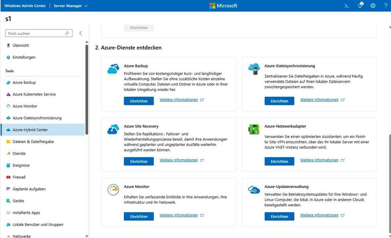 Auch im Windows Admin Center lassen sich die Azure-Funktionen mit den lokalen Servern verbinden. Dazu steht das Azure Hybrid Center zur Verfügung. (Bild: Joos - Microsoft)