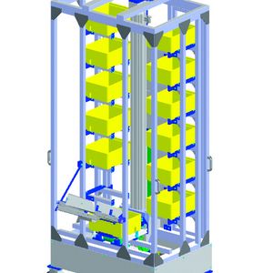 Eine MOVI-PLC basic steuert die Bewegungen eines Handling-Systems für Kleinteilebehälter.