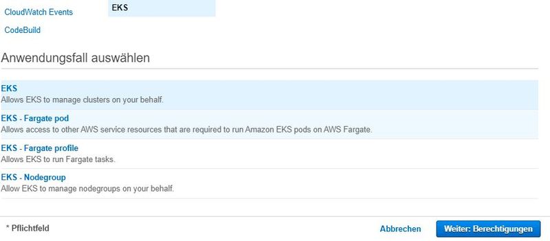 Als Anwendungsfall für die IAM-Rolle wählen wir „EKS – Allows EKS to manager clusters on your behalf“.