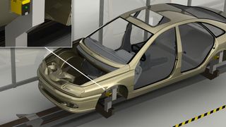 Ein typisches Einsatzszenario der neuen Funksensoren von Turck: Die Opto-Sensoren könnten die korrekte Lage von Automobilkarosserien überwachen und einfach auf dem Förderband mitfahren. (Bild: Turck)