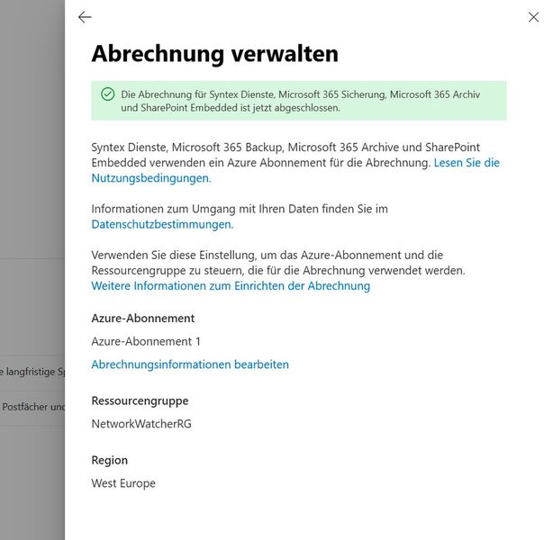 Erfolgreiche Aktivierung der nutzungsbasierten Bezahlung für Microsoft 365 Backup. (Bild: Joos – Microsoft)