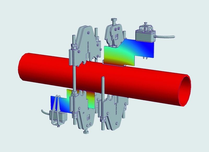 Temperaturverlauf am WaveInjector. Die Vorrichtung gewährleistet die akustische Kopplung der Ultraschallsensoren mit dem Rohr bei gleichzeitiger thermischer Entkopplung.  (Bild: Flexim)