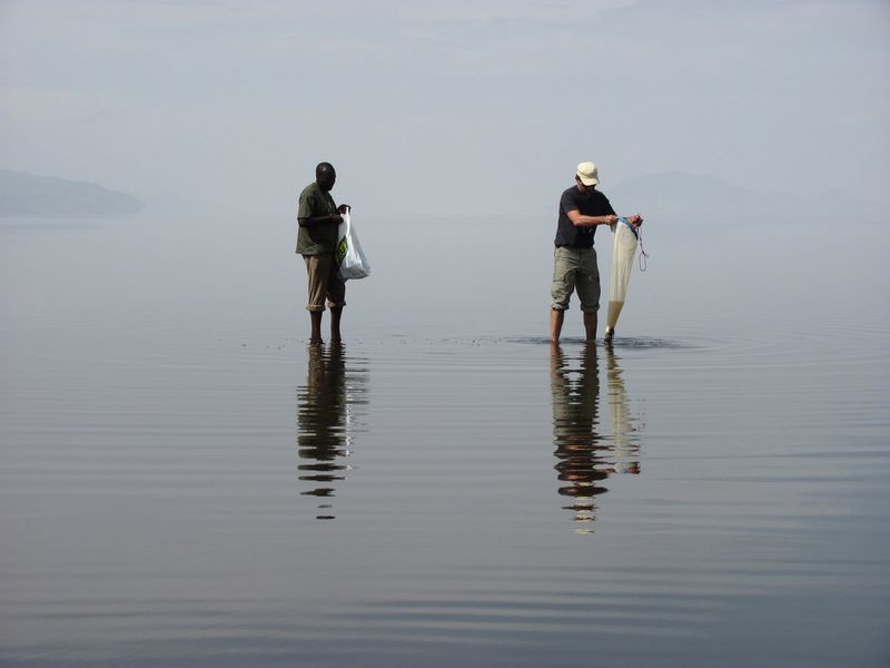 Der Algenforscher Michael Schagerl (r.) entnimmt mit dem Planktonnetz eine Algenprobe am Lake Natron, Tansania. (Bild: Michael Schagerl)