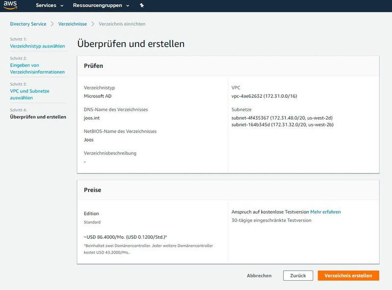 Wird ein internes Active Directory in AWS erstellt, das von Amazon verwaltet wird, steht ebenfalls ein Assistent zur Einrichtung zur Verfügung. (Bild: Joos / AWS)