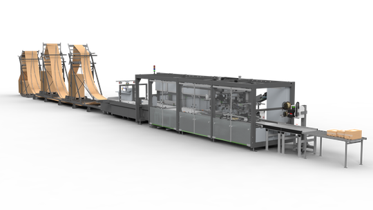 (CVP Impack: Bis zu 500 passgenaue Transportpakete produziert die automatisierte Lösung von Packaging by Quadient pro Stunde. Blick auf die ganze Länge einer CVP Impack. Bild: Packaging by Quadient)