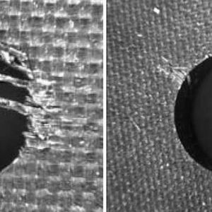 Bohrergebnis verschiedener Beschichtungen: Ein mit Diamantbeschichtung versehener Bohrer zerspant CFK-Materialien sauber und fehlerfrei (rechts). Bild: Universität Hamburg-Harburg