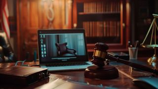 Grundlage für Videokonferenztechnik in Gerichtssälen ist der § 128a ZPO, der besagt, dass das Gericht den Parteien gestatten darf, sich während der Verhandlung an einem anderen Ort aufzuhalten. (© TensorSpark - stock.adobe.com / KI-generiert)