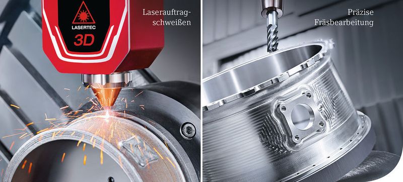 Die Kombination des Laserauftragsschweissens mit der spanenden Bearbeitung auf einer Maschine, der Lasertec 65 3D Hybrid, erschliesst völlig neue Möglichkeiten.  (DMG Mori)