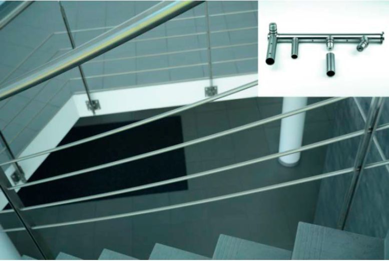 Verklebung von Systemelementen aus Edelstahl Rostfrei im Geländerbau. Zuschnitte sowie Schweißarbeiten entfallen durch Verwendung von Klebstoffen. (WZV / Delo)