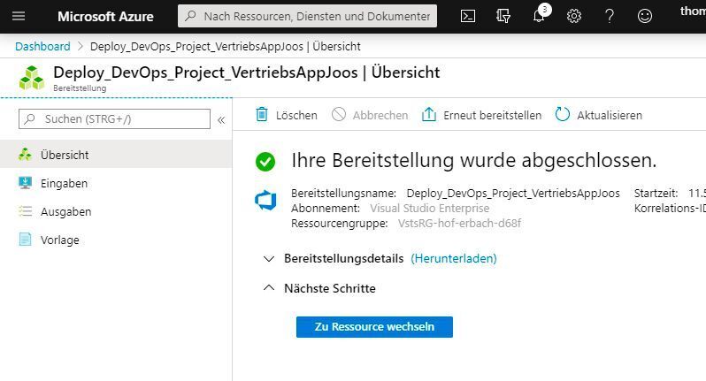 Nach der Bereitstellung des Projektes stehen alle Optionen im Dashboard bereit. Hier lassen sich DevOps-Projekte ebenso wie andere Ressourcen in Microsoft Azure verwalten. (Joos / Microsoft)