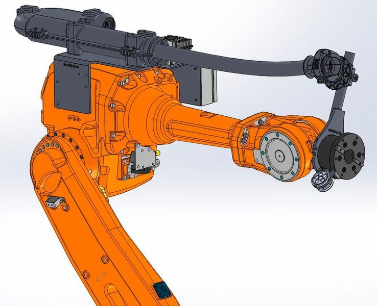 Skizze des Roboters ohne Werkstückträger: Seitlich am sechsten Armteil des Roboters ist die Dose der Multiline E mittels eines Haltewinkels montiert. (SHL)