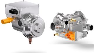 This is the ZF world premiere at the IAA in Munich! The so-called hydrogen recirculation blower (left) is actually the turbo to optimally supply fuel cell vehicles. It works together with ZF's electric air compressor (right). (Image:ZF)
