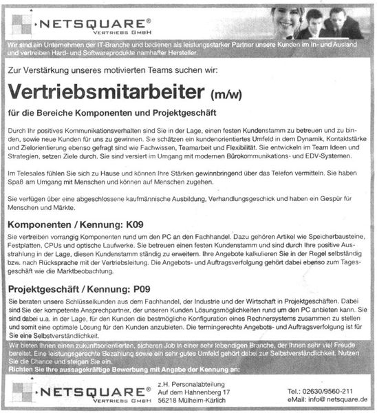In Polch entlassen, in Mülheim-Kärlich wieder eingestellt? Netsquare sucht Vertriebler, Lion hat welche entlassen. Doch die beiden Unternehmen der selben Unternehmensgruppe müssen Distanz wahren. (Archiv: Vogel Business Media)