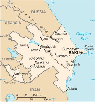 The oil rich Azerbaijan, situated between Caucasus and Caspic Sea, regards itself as a bridge between Europe and Asia. (Picture: Wikimedia Commons)