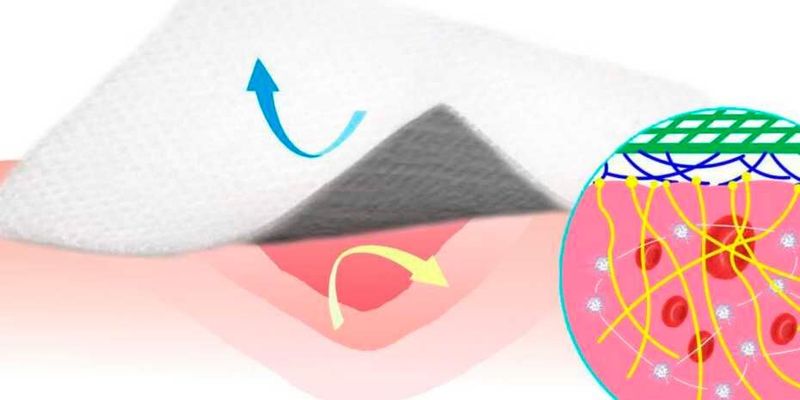 Fördert die Heilung und lässt sich später leicht wieder abziehen: Der neuartige Wundverband mit einer Beschichtung aus Silikon und Kohlenstoff-​Nanofasern.  (Li Z et al. Nature Communications 2019)