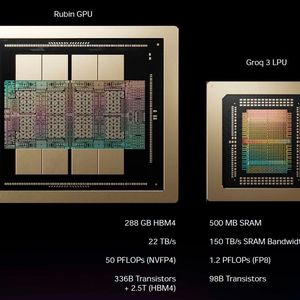 Zusätzlich zur Rubin-GPU bringt Nvidia die Groq-3-LPU für eine deterministische Inferenzbeschleunigung. 500 MB SRAM sorgen bei Groq 3 für eine enorme Speicherbandbreite. (Bild:  Nvidia)