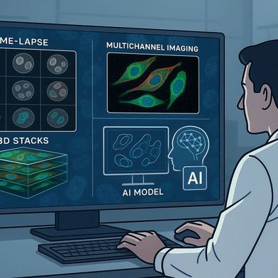 Fig. 1: Oggi i microscopi ad alta risoluzione generano in breve tempo enormi quantità di dati: sequenze time-lapse, immagini multicanale, stack 3D. Un nuovo approccio dimostra che possono essere sufficienti già due immagini microscopiche selezionate in modo mirato per migliorare significativamente l’analisi digitale delle immagini tramite modelli di IA preaddestrati. (Immagine simbolica) (Immagine:GPT Image Editor / Generato dall'IA)