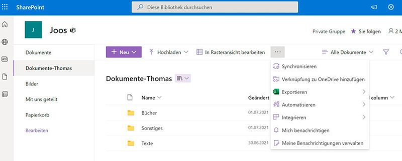 Synchronisieren von SharePoint-Bibliotheken mit dem OneDrive-Client und Word 2021. (Bild: Joos)