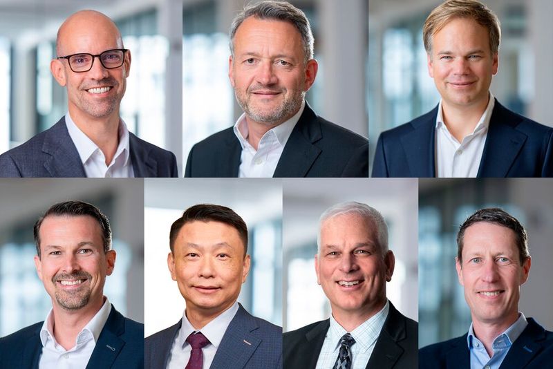 Das Executive Committee von BASF Coatings (obere Reihe v.l.): Jens Luehring, CEO; Michael Pontzen, CFO; Ewout van Jarwaarde, CTO; (untere Reihe v.l.) Frank Naber, EVP Surface Treatment; Patrick Zhao, EVP Mobility Coatings; Steve Arndt, EVP Refinish Coatings; Dr. Nils Lessmann, EVP Operations Mobility/Refinish. (Bild: BASF Coatings)
