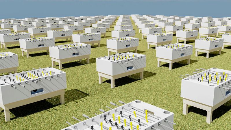 Die KI trainiert an unzähligen digitalen Zwillingen des 5G-Kickers, um verschiedene Spielszenarien zu analysieren und die Strategie zu verbessern.(Bild:  Fraunhofer IPT)