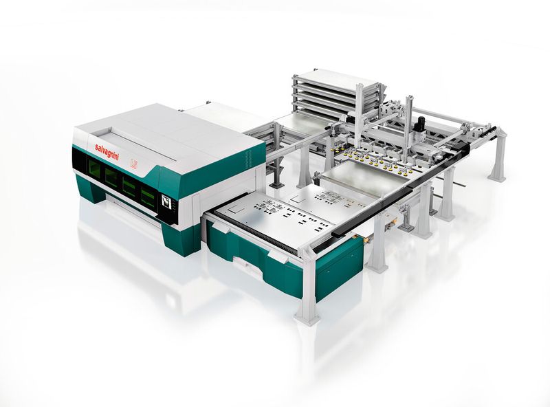 «L5»-Faserlaser mit «MTW»-Minimagazin für das automatische Be- und Entladen. Die sich nach oben öffnende Tür erlaubt dem Anwender ausserdem einen uneingeschränkten Zugang zur Arbeitsfläche. (Bild: Salvagnini)