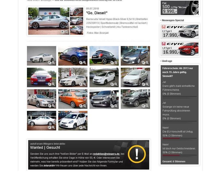 In der Rubrik „Beauty & Style“ findet sich eine Bildergalerie mit getunten Hondas und Skodas. Das Autohaus Wiegers bedankt sich bei den Kunden, die ein Fotos ihres „automobilen Schatzes“ nebst einer kurzer Beschreibung des Tunings mailen, mit 50 Euro. (Archiv: Vogel Business Media)