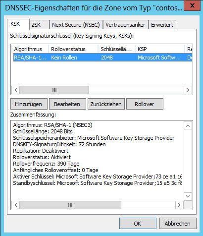 In den DNSSEC-Eigenschaften einer Zone lassen sich die Einstellungen und Schlüssel jederzeit anpassen. Hier stehen alle Eigenschaften zur Verfügung, die auch der Assistent bietet. Auch das Aufheben der Signierung ist über diesen Weg möglich. (Archiv: Vogel Business Media)