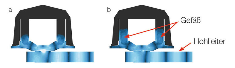 Abb. 2: Querschnitt eines Mikrowellen-Hohlleiters und Rotors, Feldverteilung (blaue Bereiche) in der Directed Multimode Cavity DMC bei (a) 10 mL und (b) 25 mL Füllvolumen der Gefäße (Bild: Anton Paar)