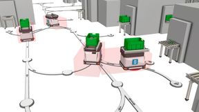 In dieser Simulation sind die Scanfelder der AGV für bevorstehende Kurvenfahrten zu sehen. (Bild: Dualis)