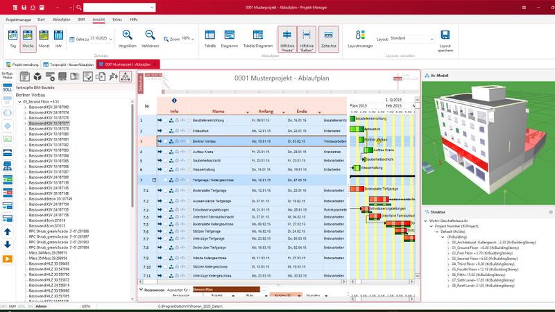 Im neuen Projekt-Manager 2026 lassen sich BIM-Modelle mit Projektablaufplänen verknüpfen, um die Projektsteuerung von BIM-Projekten zu vereinfachen.(Bild:  Weise Software GmbH)