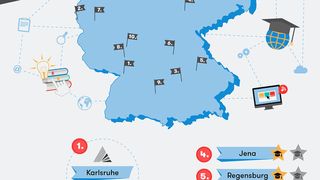 Die ersten drei Plätze belegen Karlsruhe, Aachen und Ingolstadt. Auffällig ist die deutliche Ballung in Süddeutschland.  (Joblift)