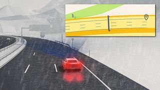 Schlechtes Wetter beeinträchtigt die Sensoren eines Fahrzeugs. Der Dienst von Sapcorda kann dennoch eine exakte Position liefern. (Bosch)