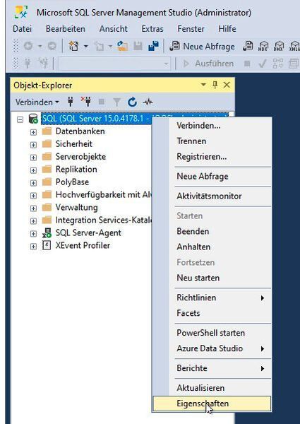 Über das Kontextmenü von Instanzen im SQL Server Management Studio stehen verschiedene Funktionen zur Verfügung, darunter auch die Eigenschaften.Über das Kontextmenü von Instanzen im SQL Server Management Studio stehen verschiedene Funktionen zur Verfügung, darunter auch die Eigenschaften. (Joos)