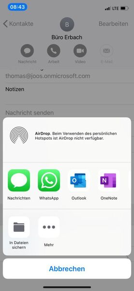 Kontakte teilen: Datenübergabe an geeignete Apps auf dem iPhone/iPad. (Apple / screenshot Th. Joos)