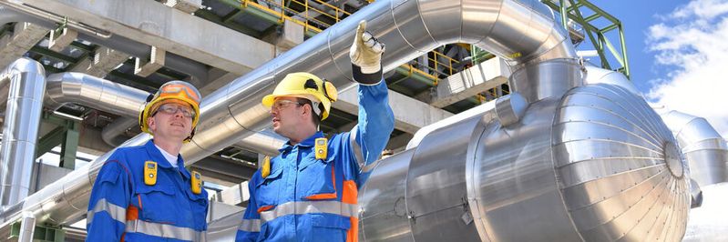 Zwei Mitarbeiter bei einem Rundgang durch eine Raffinerie.(Bild:  industrieblick - stock.adobe.com)