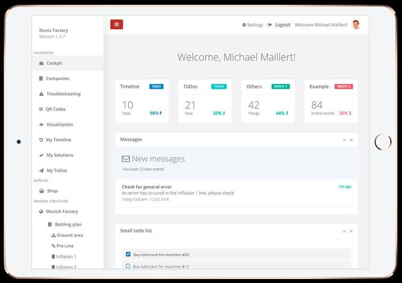 Tabletansicht eines Industrial IoT Dashboards (elunic)