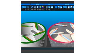 In the part on the left, the overheated zones were ascertained based on the simulation and marked red. The adjustment of the laser’s power based on the simulation is shown in the part on the right. The exposure areas with a higher standard laser power are marked in red. Laser power is continuously reduced in the overheated zones. The exposure areas with low laser power are shown in blue.  (Source: Amsis)