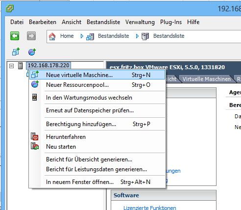 Abbildung 9: Neue VMs werden über das Kontextmenü des Hosts im Windows-Client erstellt. (Bild: Joos)