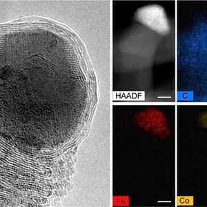 High-resolution transmission electron microscopy (TEM) shows the tip of the resulting carbon nanofiber (left) on the iron-cobalt/cerium oxide (FeCo/CeO2) thermocatalyst. Scientists mapped the structure and chemical composition of newly formed carbon nanofibers (right) using scanning transmission electron microscopy (STEM), high-angle annular dark field (HAADF) imaging, and energy-dispersive x-ray spectroscopy (EDS) (scale bar represents 8 nanometers). The images show that the nanofibers are made of carbon (C), and reveal that the catalytic metals, iron (Fe) and cobalt (Co), are pushed away from the catalytic surface and accumulate at the tip of the nanofiber.(Source:  Center for Functional Nanomaterials/Brookhaven National Laboratory)