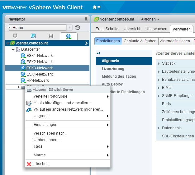 Sobald die virtuellen verteilten Switches angelegt sind, lassen sich über deren Kontextmenüs verschiedene Aufgaben durchführen und Hosts zuteilen. (Bild: Joos)
