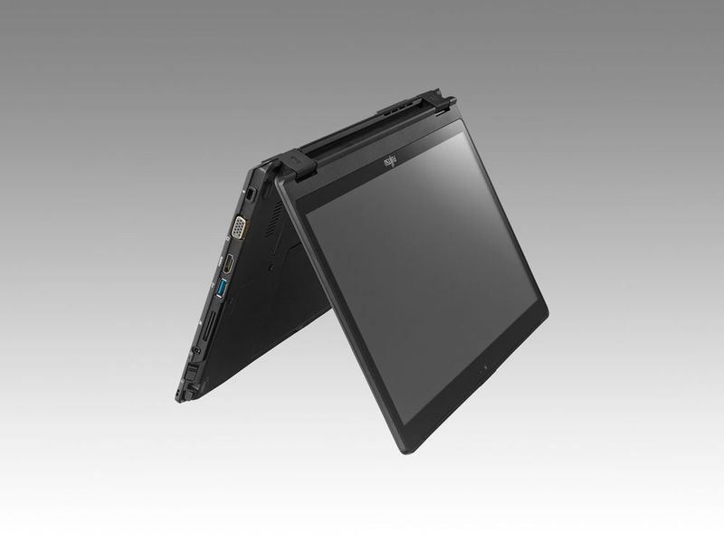 Das Lifebook P727 mit 12,5-Zoll-Display im Tent-Modus. Stiftunterstützung wird ebenfalls geboten. (Fujitsu)