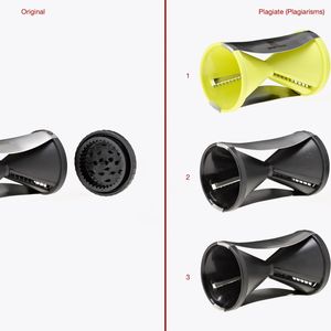 Plagiarius 2015  -  Auszeichnung Spiralschneider „Spirelli“ Links Original:		GEFU Küchenboss GmbH & Co. KG, Eslohe, Deutschland Rechts Plagiate:	1) Brieftons, Oregon, U.S.A. 			2) Tiptop Manufactury Ltd., Hongkong, VR China  			3) Ningbo Best Solution Plastic Industry Co., Ltd., Zhejiang, VR China (Bild:  Aktion Plagiarius e.V.)