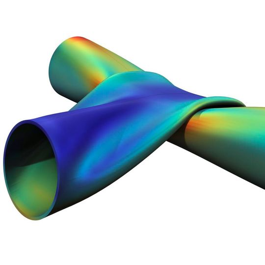 Strukturanalyse mit der neuen Methode für mechanischen Kontakt in Version 6.1. Die Visualisierung zeigt die Spannung und die Verformung in den beiden Metallrohren. Strukturanalyse mit der neuen Methode für mechanischen Kontakt in Version 6.1. Die Visualisierung zeigt die Spannung und die Verformung in den beiden Metallrohren.