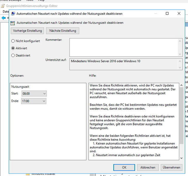 Über die Einstellung „Automatischen Neustart nach Updates während der Nutzungszeit deaktivieren“ kann für Windows 10 festgelegt werden, dass Computer innerhalb der festgelegten Zeiten nicht neu starten, auch wenn Windows-Updates das benötigen. (Joos / Microsoft)