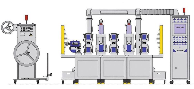 Bild 7: Maschine mit Stanzbandzuführung (links), drei Stanzbiegemodulen und zwei Spritzgießmodulen.  (Bild: MMS)