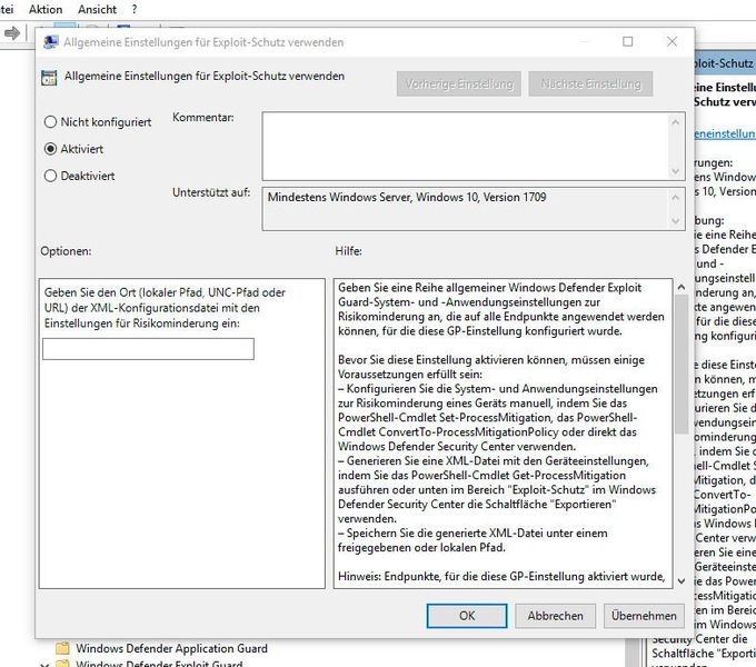Der Exploit-Schutz kann über XML-Dateien gesteuert werden. Diese wird in den Gruppenrichtlinien zur zentralen Steuerung hinterlegt. (Th. Joos)