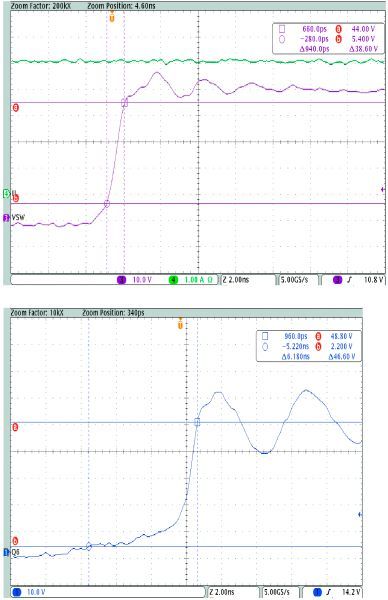 Bild 4: Vergleich des Spannungsverlaufs am Schaltknoten einer GaN-FET-Leistungsstufe im Vergleich mit einem Silizium-Schaltknoten (a: Schaltknoten des LMG5200, b: Schaltknoten des 80 V FET Si7852DP). (Bild: TI)